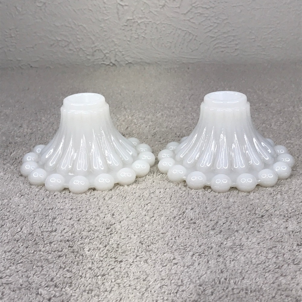 Pair Vintage Anchor Hocking Berwick Boopie Bubble Milk Glass Candle Holders